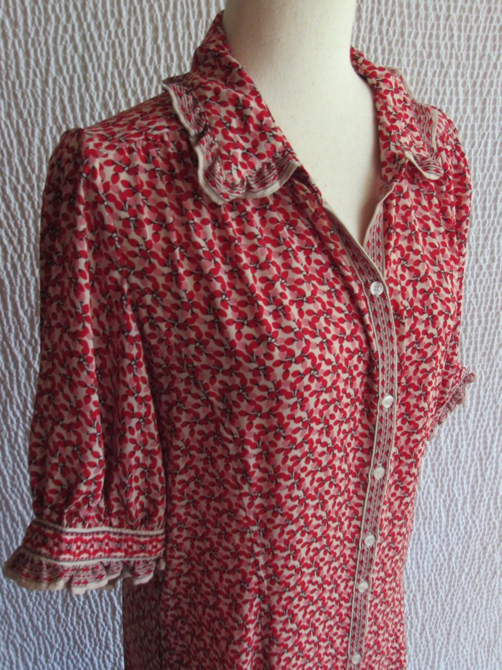 Cottagecore Women's Dress Max Studio London Red Pink Print Short Sleeve Ruffle L